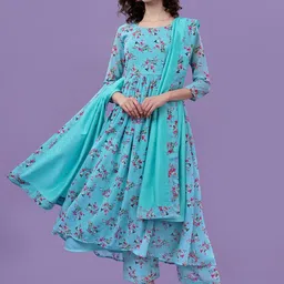 ASPORA Women Blue Floral Printed Kurta with Palazzos & With Dupatta-picture-5