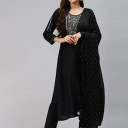 SheWill Women Black Floral Embroidered Kurta with Trousers & With Dupatta-image-40