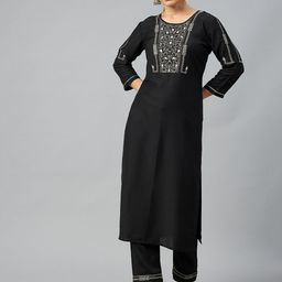 SheWill Women Black Ethnic Motifs Embroidered Sequinned Kurta with Trousers-image-38