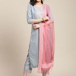 Varanga Women Blue Yoke Design Regular Thread Work Kurta with Trousers & With Dupatta-image-93
