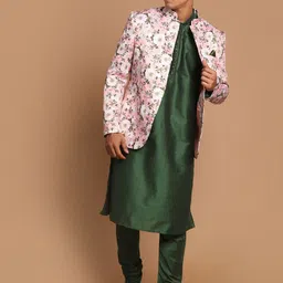 VASTRAMAY Men Green Kurti with Churidar & With Nehru Jacket-25