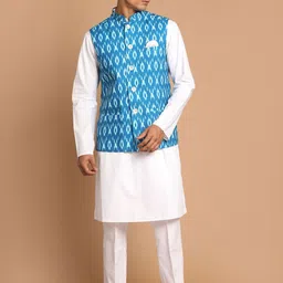 Vastramay Men White Pure Cotton Kurta with Pyjamas & Nehru Jacket-30