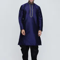 ROYAL KURTA Men Blue Pleated Dupion Silk Kurta with Patiala-image-94