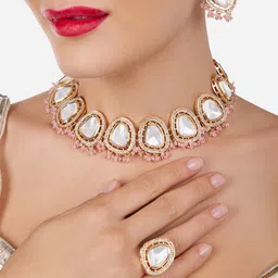Zaveri Pearls Gold-Plated Stones Studded & Beaded Necklace With Earrings & Finger Ring-picture-45
