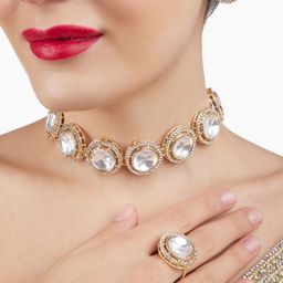 Zaveri Pearls Gold-Plated Stones Studded Choker Necklace With Earrings & Finger Ring-9