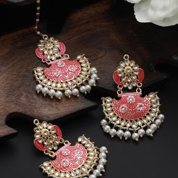 Jazz and Sizzle Gold-Plated Meenakari Kundan-Studded & Beaded Maangtikka with Earrings-2