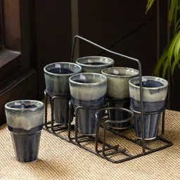 ExclusiveLane Blue & Beige 7 Pcs Textured Stoneware Kulladhs & Iron Holder 100 ml each-picture-15