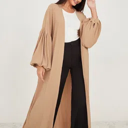 Styli Crinkle Knit Puff Sleeves Open Front Longline Shrug-53