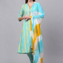 Kamayra Women Turquoise Blue Printed Pure Cotton Kurta with Trousers & With Dupatta-picture-43