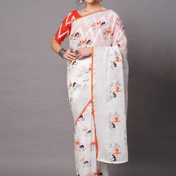 Mitera Off White & Orange Ethnic Motifs Printed Linen Blend Saree-image-87