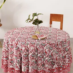 HANDICRAFT PALACE Red Floral Printed Cotton 4 Seater Round Table Cover With Napkin Set-image-8