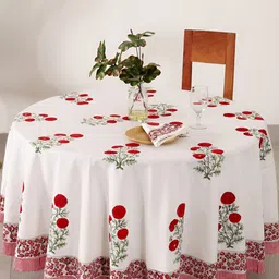 HANDICRAFT PALACE Red Floral Printed Cotton 8 Seater Round Table Cover With Napkin Set-image-54