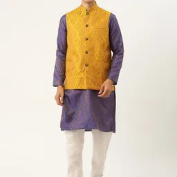 SOJANYA Men Blue Ethnic Motifs Jacquard Silk Kurta with Churidar & Nehru Jacket-41