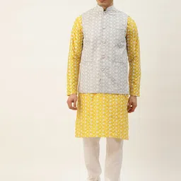 SOJANYA Men Yellow & White Embroidered Thread Work Kurta with Churidar & Nehru Jacket-picture-18