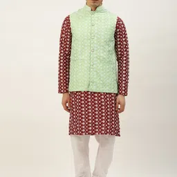 SOJANYA Men Maroon Chikankari Embroidered Kurta with Churidar & Nehru Jacket-image-69
