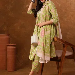 Anouk Floral Printed Regular Thread Work Empire Pure Cotton Kurta With Palazzos & Dupatta-picture-10