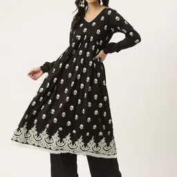 Rustorange Women Black Floral Embroidered Pleated Kurti with Palazzos & With Dupatta-image-9