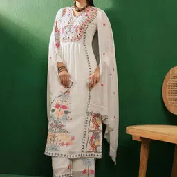 Sangria V-Neck Long Sleeves Thread Work Embroidered Kurta Sets-picture-20