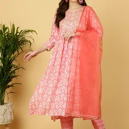 SAABHI Floral Printed Thread Work A-line Kurta with Palazzos & With Dupatta-7