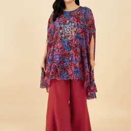 Antheaa Curve Pure Cotton Floral Printed Thread work Tunic With Palazzos-0