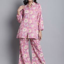 Kamayra Floral Printed Shirt Collar Pure Cotton Kurti With Palazzos-image-69
