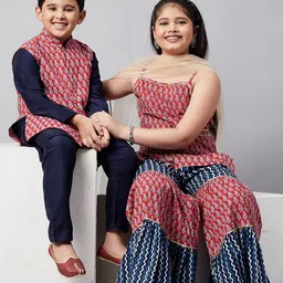 Stylo Bug Girls Red Ethnic Motifs Printed Pure Cotton Kurti with Palazzos & With Dupatta-picture-37
