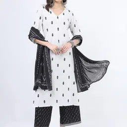 Vishudh Women Off White Printed Straight Pure Cotton Kurti With Palazzos And Dupatta-image-57