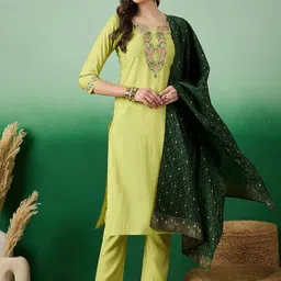 Sangria Mustard Yellow Floral Embroidered A-Line Kurta With Trouser & Dupatta-16