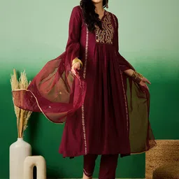 Sangria Maroon Floral Embroidered V-Neck Sequinned A-Line Kurta With Pant & Dupatta-38