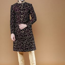 Sanwara Velvet Floral Embroidered Sherwani & Pyjamas-image-18