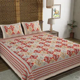 Sangria Red & Pink Floral Printed Cotton 210 TC King Bedsheet With 2 Pillow Covers-image-87
