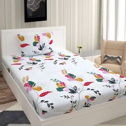 DECOR VATIKA White & Red Floral 144 TC Single Fitted Bedsheet with Pillow Cover-image-137