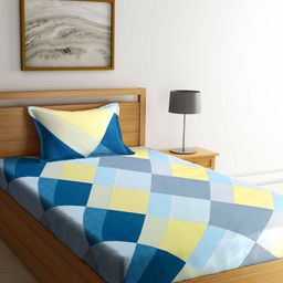 KLOTTHE Blue & Yellow Geometric 300 TC Single Bedsheet with 1 Pillow Covers-image-36