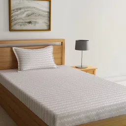 KLOTTHE Beige & White Abstract Printed 300TC Single Bedsheet & Pillow Cover-4