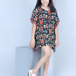 StyleStone Multicolored Floral Crepe Kaftan Dress with Pom Pom-image-38