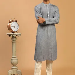 VASTRAMAY Men Grey Striped Kurta with Pyjamas-image-25