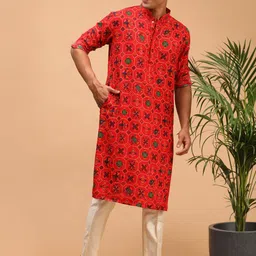 VASTRAMAY Men Red Ethnic Motifs Embroidered Layered Kurta with Pyjamas-7