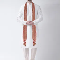 SG LEMAN Men Cream-Coloured Printed Pleated Raw Silk Kurta with Pyjamas & With Dupatta-picture-21