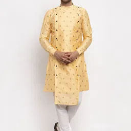 KLOTTHE Men Gold-Toned & White Floral Printed Angrakha Kurta with Churidar-picture-31
