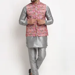 Benstoke Men Grey Dupion Silk Kurta Pyjama and nehru jacket-image-61