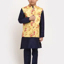 KRAFT INDIA Boys Navy Blue Floral Dupion Silk Kurta with Pyjamas & Nehru Jacket-47