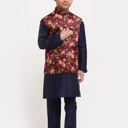 KRAFT INDIA Boys Navy Blue Floral Dupion Silk Kurta with Pyjamas & Nehru Jacket-23