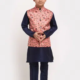KRAFT INDIA Boys Navy Blue Floral Dupion Silk Kurta with Pyjamas & Nehru Jacket-30