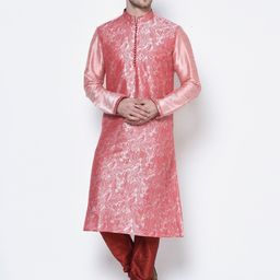 DEYANN Men Peach-Coloured Ethnic Motifs Dupion Silk Kurta with Pyjamas-9