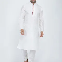 ROYAL KURTA Men White Embroidered Empire Dupion Silk Kurta with Pyjamas-image-61