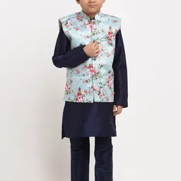 KRAFT INDIA Boys Navy Blue Floral Dupion Silk Kurta with Churidar & Nehru Jacket-49