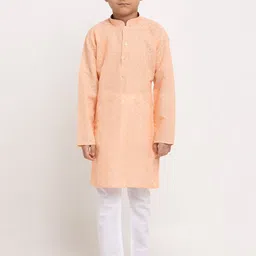 KRAFT INDIA Boys Peach-Coloured Embroidered Regular Pure Cotton Kurta with Pyjamas-picture-0