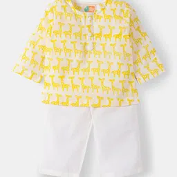 THE BABY LABEL Unisex Kids Yellow & White Hand-Block Giraffe Print Pure Cotton Kurta with Pyjamas-20