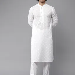 See Designs Men White Embroidered Chikankari Pure Cotton Kurta with Pyjamas-10