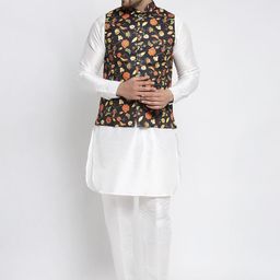 Kaifoo Men White Kurta & Salwar With Printed Nehru Jacket.  .-image-76
